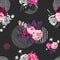Floral seamless pattern with bunches of wild rose flowers and gray round elements of different textures on black
