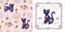Floral seamless pattern and card design with cats, rainbows and birds, folk style
