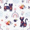 Floral seamless pattern with cats, rainbows and birds, folk style
