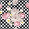 Floral seamless pattern. Chrysanthemums, chamomiles and roses on black and white gingham, checked background