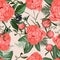 Floral Seamless Pattern with Coral Orange Peonies and herbs. Spring Blooming Flowers Background for Fabric