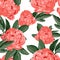 Floral Seamless Pattern with Coral Orange Peonies  with leaves.