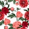 Floral Seamless Pattern with Coral Orange Peonies,Roses and Dahlia.