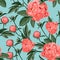 Floral Seamless Pattern with Coral Orange Peonies. Spring Blooming Flowers Background for Fabric