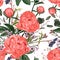 Floral seamless pattern with coral orange peony flowers. Vintage engraving background of peonies.