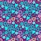 Floral seamless pattern on a dark burgundy background with lots of small stylized flowers in a pattern added word flower