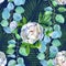 Floral seamless pattern with eucalyptus and peonies on a navy blue background.