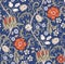 Floral seamless pattern with field of flowers on blue background. Vector illustration.