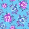 Floral seamless pattern with flowering pink and blue peonies, on blue background.