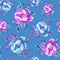 Floral seamless pattern with flowering pink and blue peonies, on blue background. Watercolor hand drawn painting illustration. Po