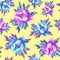 Floral seamless pattern with flowering pink and blue peonies, on yellow background. Watercolor hand drawn painting illustration.