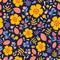 Floral seamless pattern with flowering plants and berries on black background. Natural backdrop with blooming summer