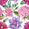 Floral seamless pattern, flowers hydrangea, clematis, dahlias, buds and leaves watercolor painting