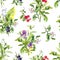 Floral seamless pattern - flowers, summer berries, wild herbs, meadow grass. Watercolor repeated background