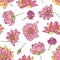 Floral seamless pattern with gorgeous pink blooming lotus hand drawn on white background. Backdrop with elegant flowers