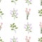 Floral seamless pattern with green leaves, lilac branch, small rose bouquet.