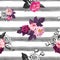 Floral seamless pattern with half colored bunches of flowers and gray hand painted watercolor stripes on background