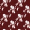 Floral seamless pattern with hand drawn ink iris flowers on burgundy background. Flowers lined up in harmonious