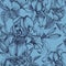 Floral seamless pattern with iris, lilies and roses on the blue background