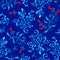 Floral seamless pattern with leaves and berries in blue color on indigo background.