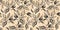 Floral seamless pattern with leaves in grayscale and golden foiled contour on beige.