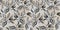 Floral seamless pattern with leaves in grayscale and golden foiled contour on grey.