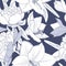 Floral seamless pattern. Lily peony flowers realistic detailed outline sketch drawing. Deep blue violet background.