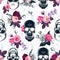 Floral seamless pattern with monochrome human skulls