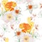 Floral Seamless Pattern with narcissus, Chamomile Daisy, spring flowers and leaves.