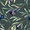 Floral seamless pattern with olive branches, ripe fruits, green leaves. Garden natural composition. Hand-drawn watercolor