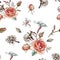 Floral seamless pattern with orange roses, apple blossom, white flowers and anemones