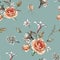 Floral seamless pattern with orange roses, apple blossom, white flowers and anemones