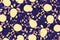 Floral seamless pattern with painted light yellow pears and colorful leaves, branches on a purple background.