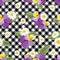 Floral seamless pattern. Pansies with chamomiles on black and white gingham, chequered background. Vector illustration