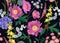 Floral seamless pattern. Peonies, hydrangeas, eucalyptus branches, foliage and herbs on black background