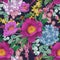 Floral seamless pattern. Peonies, hydrangeas, eucalyptus branches, foliage and herbs on black background