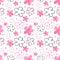 Floral seamless pattern. Pink and black primitive flowers. Imitation of a child's drawing. Hand drawn illustration