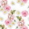 Floral Seamless Pattern with pink eustoma, Chamomile Daisy, spring flowers and leaves.
