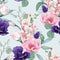 Floral Seamless Pattern with pink eustoma, eucaliptus, anemones, spring flowers and leaves.