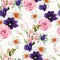 Floral Seamless Pattern with pink eustoma, narcissus, anemones, spring flowers and leaves.