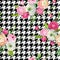 Floral Seamless Pattern with Pink Flowers and Dogtooth Ornament. Botanical Background for Fabric Textile
