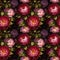 Floral Seamless Pattern with Pink Red Peonies with Green Leaves on Dark Background