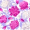Floral seamless pattern with pink and white peonies on substrate with purple spots.