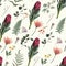 Floral Seamless pattern. Protea Sugarbushes flowers and herbs.