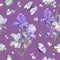 Floral Seamless Pattern with Purple Blooming Iris Flowers and Flying Butterflies. Watercolor Nature Background for Fabric