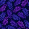 Floral seamless pattern with purple leaves on dark background.