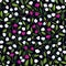 Floral seamless pattern with purple and white tulips, green foliage on a dark background. Hand vector illustration.