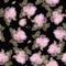 Floral seamless pattern with a sprigs of gently pink roses and small hearts on a black background. Printing for fabric