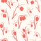Floral seamless pattern. Spring tulip flowers stem, leaves, blossom, buds. Crimson coral red on beige white background.