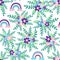 Floral seamless pattern with titian, lavender, blue, purple chamomile flower and leaves on pastel background